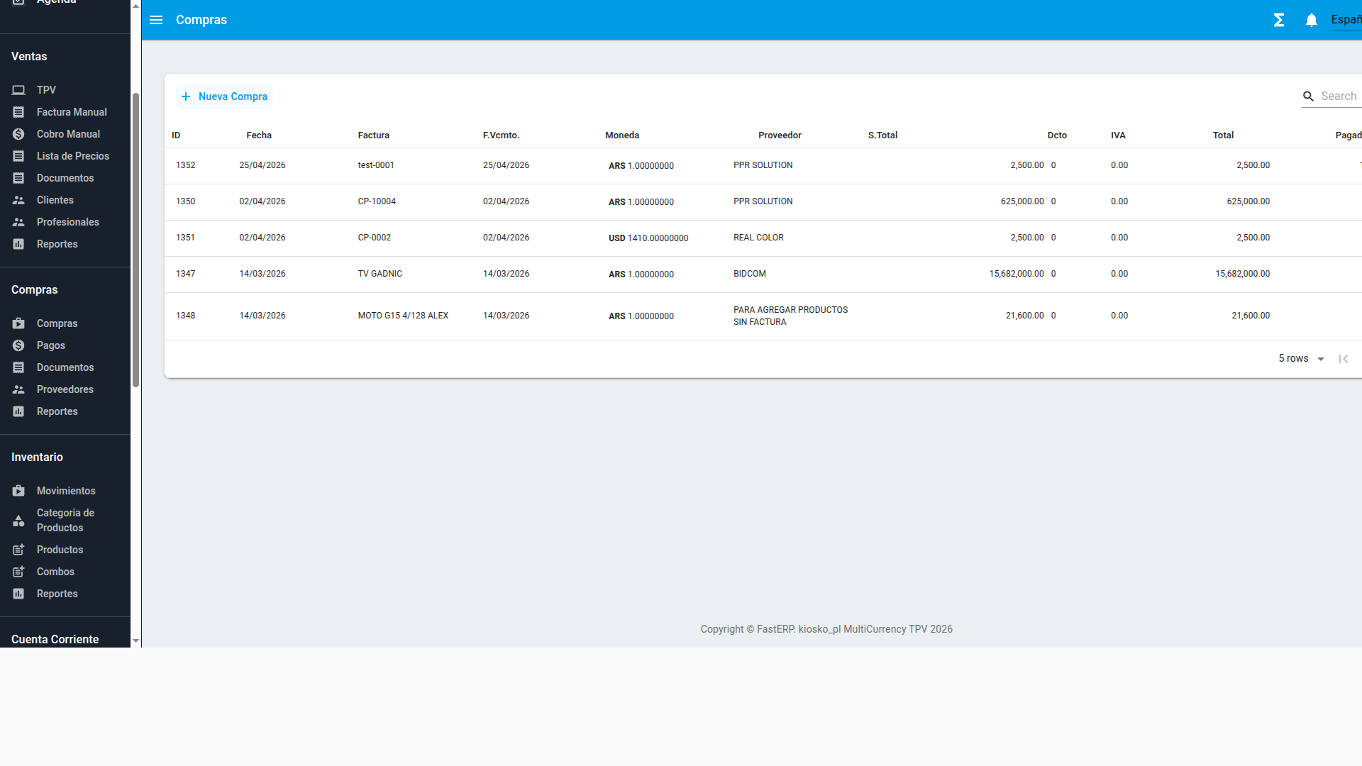 Modulo de compras con proveedores, facturas y control de pagos