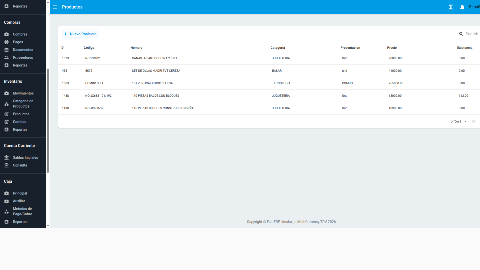 Modulo de inventario con listado de productos, categorias y existencias