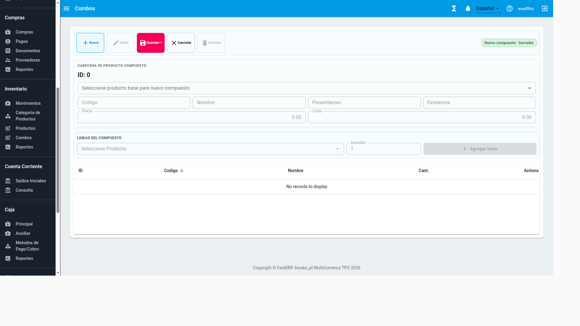 Gestion de combos en inventario con formulario de creacion