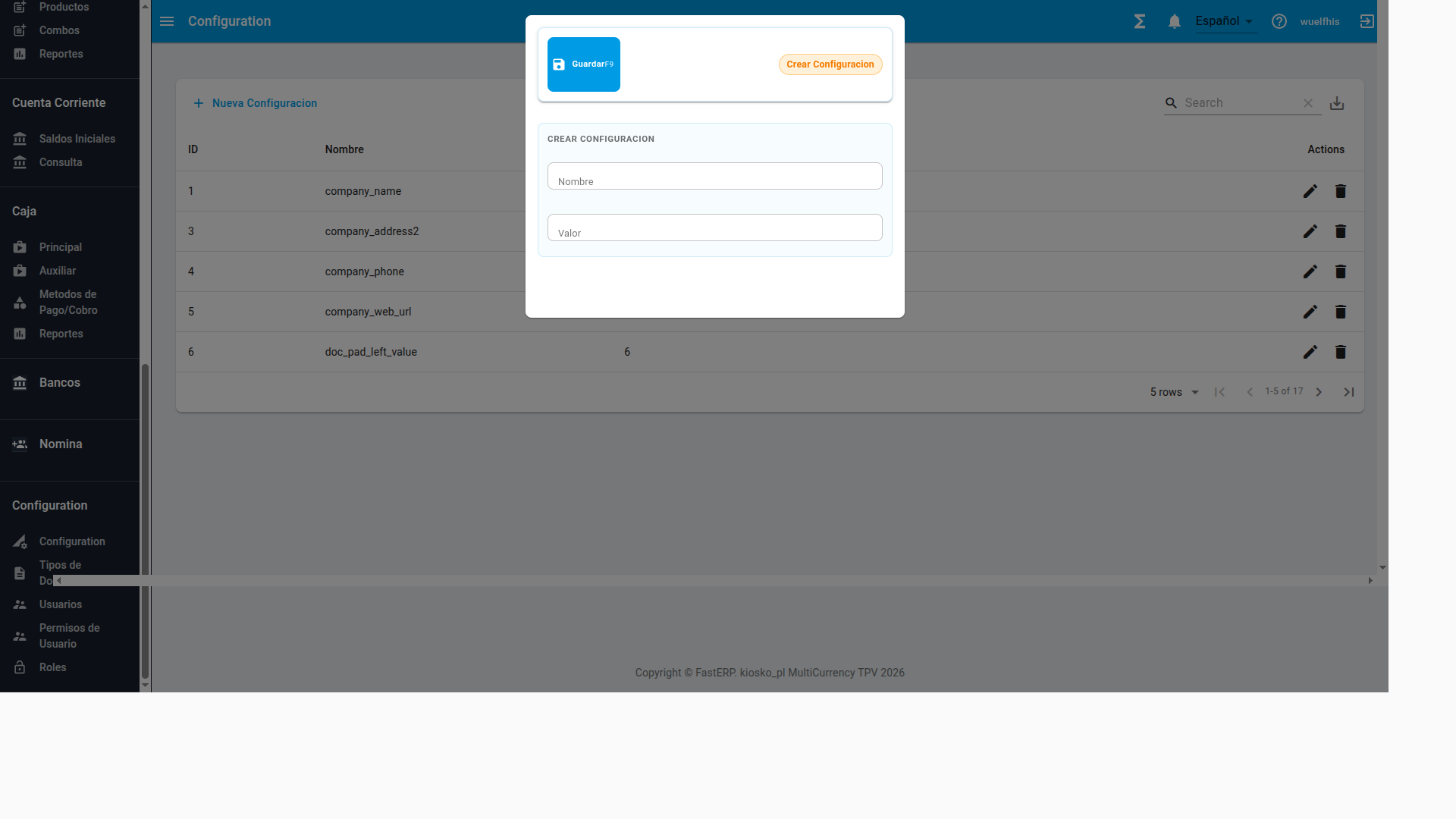 Pantalla de configuracion general del sistema FastErp